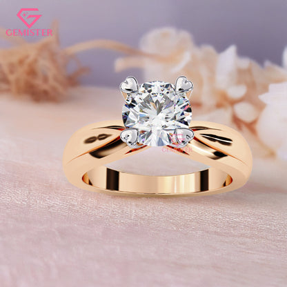 1.29 CT Round Cut Lab Grown Diamond Solitaire Engagement Ring with Classic Four Prong Setting and Wide Band