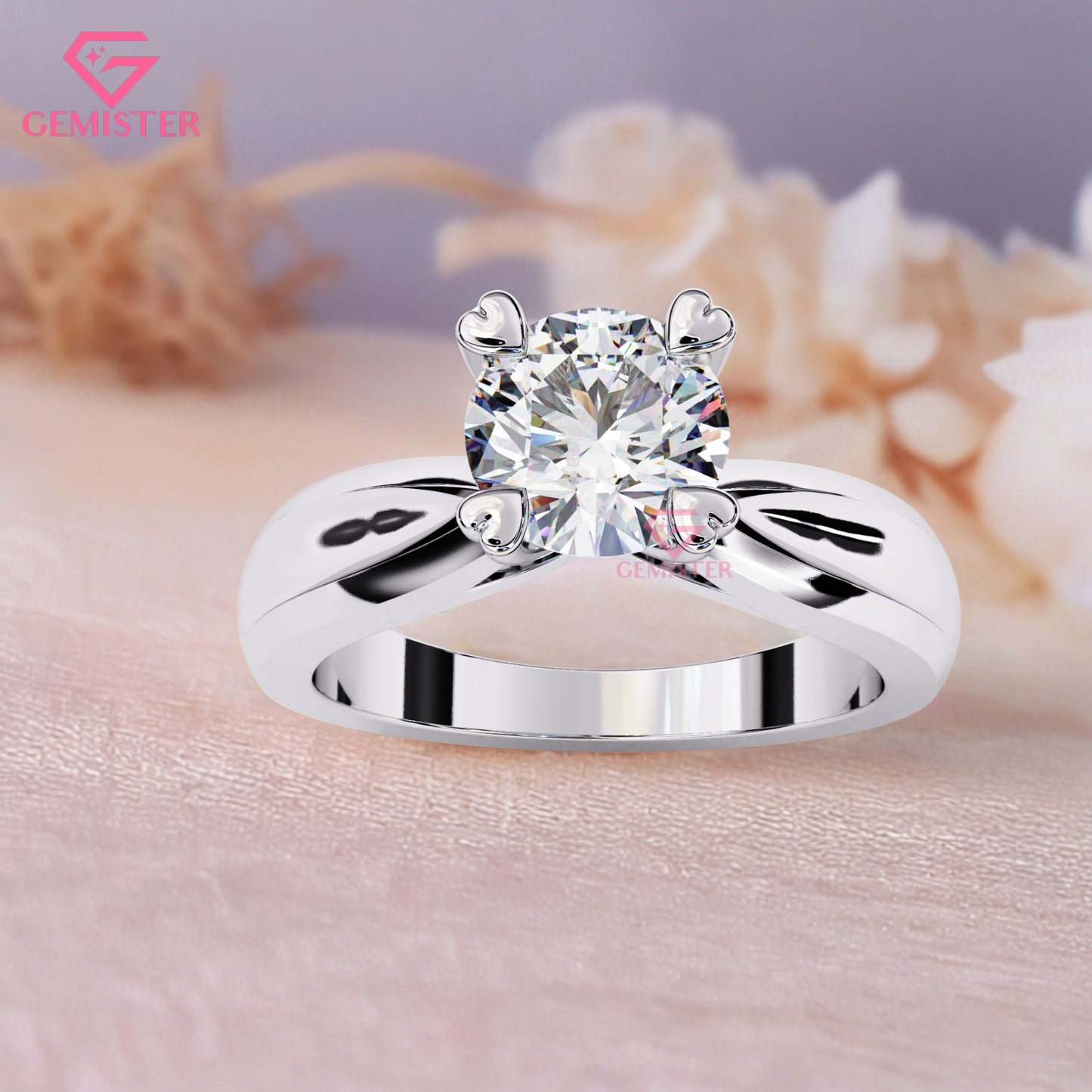 1.29 CT Round Cut Lab Grown Diamond Solitaire Engagement Ring with Classic Four Prong Setting and Wide Band