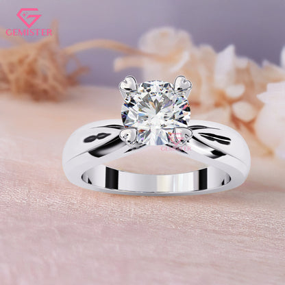 1.29 CT Round Cut Lab Grown Diamond Solitaire Engagement Ring with Classic Four Prong Setting and Wide Band