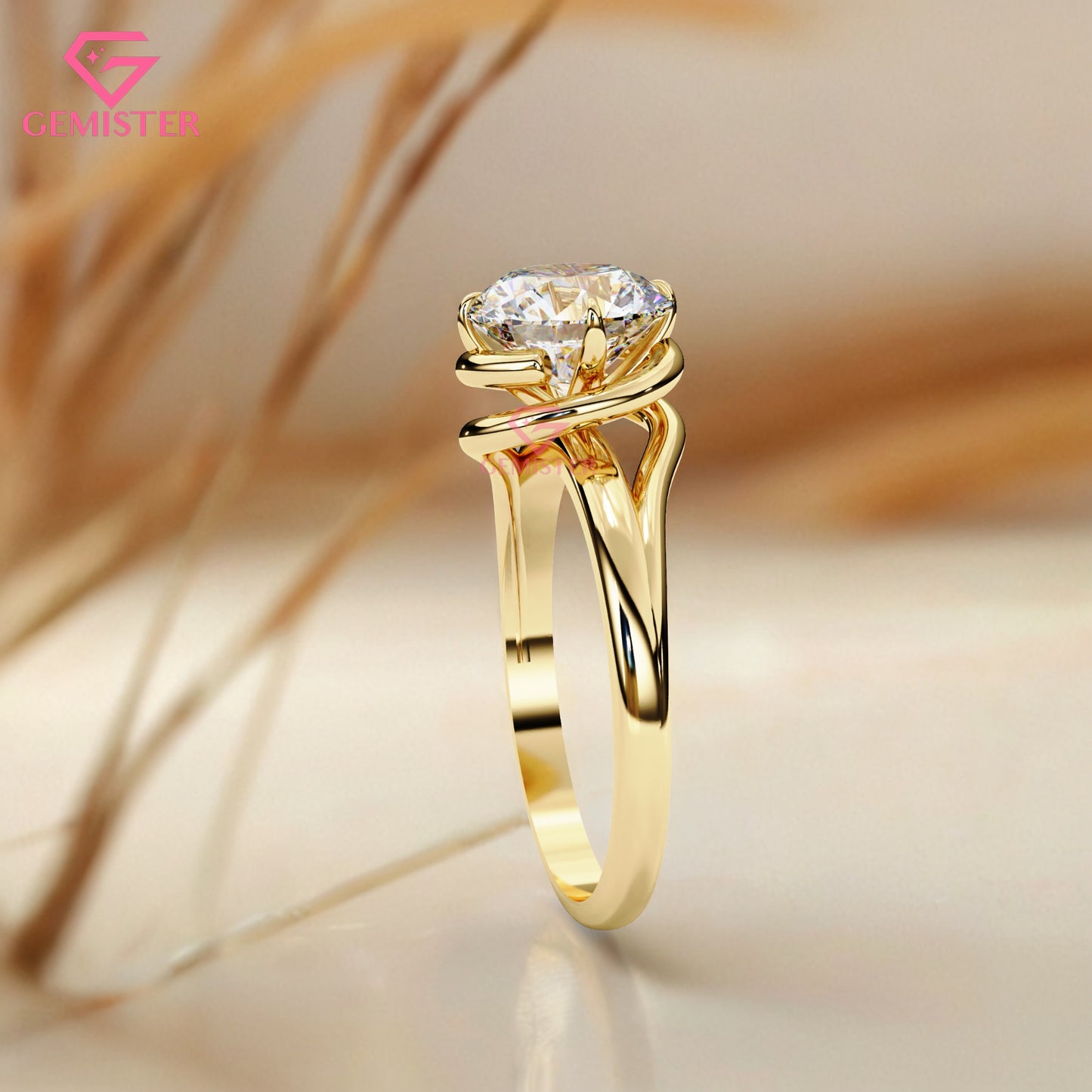 1.29 CT Round Cut Moissanite Solitaire Engagement Ring with Split Shank Gold Band – Modern Classic Bridal Jewelry