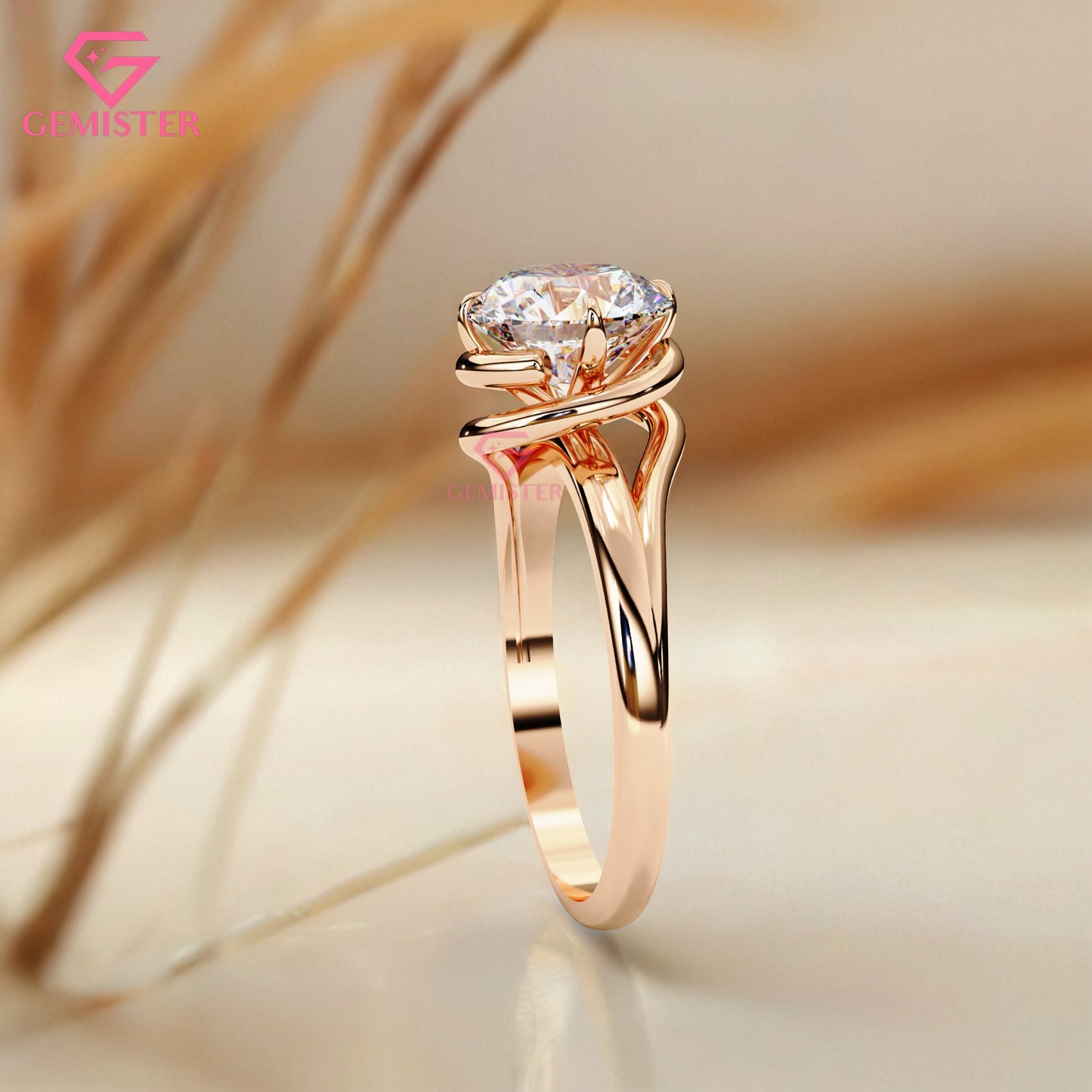 1.29 CT Round Cut Moissanite Solitaire Engagement Ring with Split Shank Gold Band – Modern Classic Bridal Jewelry