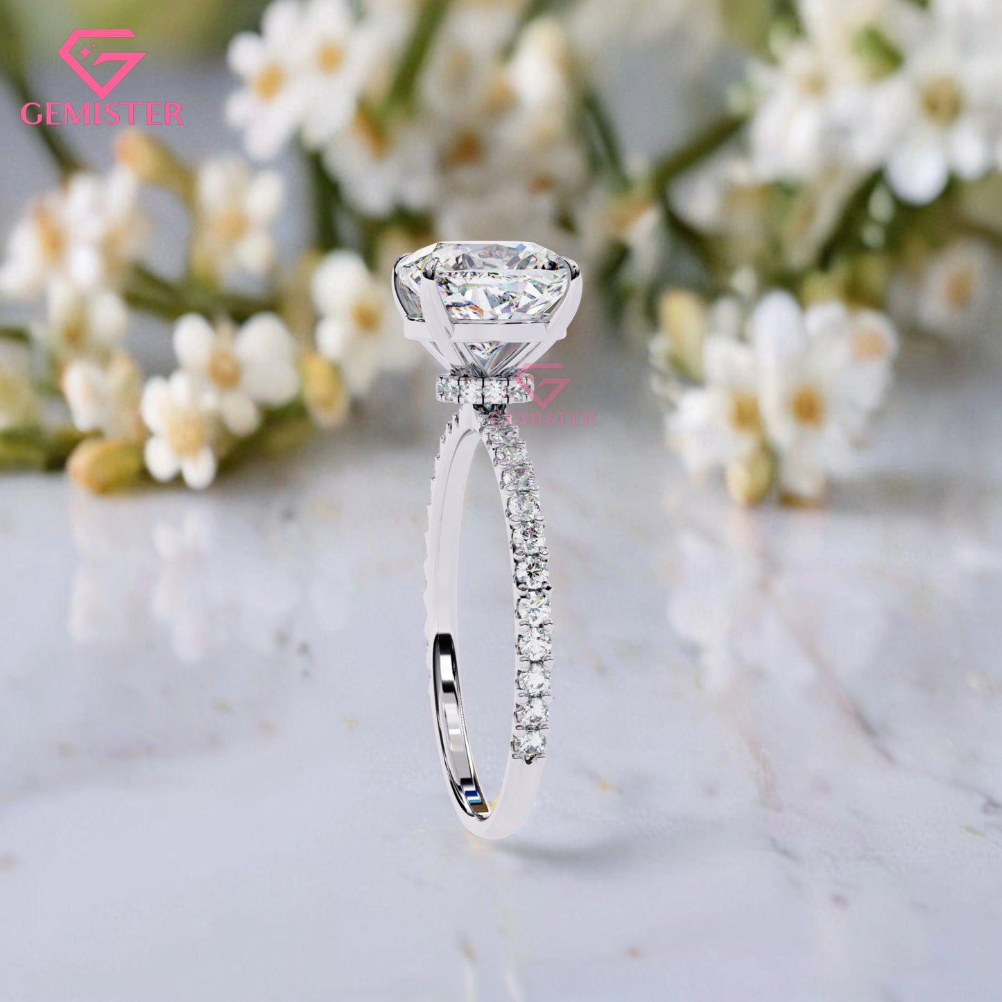 2.95 CT Cushion Cut Lab Grown Diamond Engagement Ring with Pave Band – Elegant Solitaire Bridal Jewelry