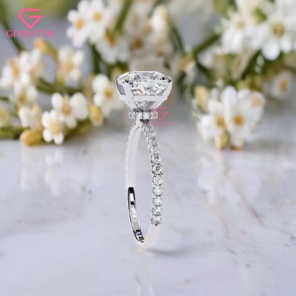 2.95 CT Cushion Cut Lab Grown Diamond Engagement Ring with Pave Band – Elegant Solitaire Bridal Jewelry