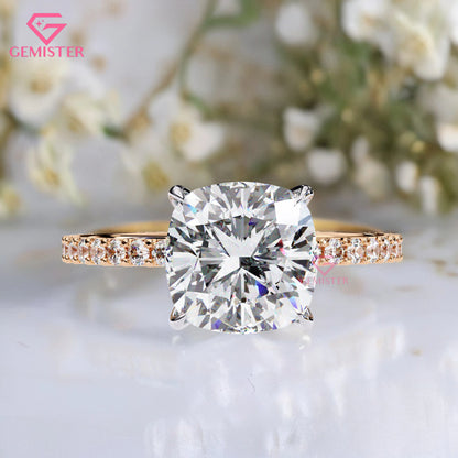 2.95 CT Cushion Cut Lab Grown Diamond Engagement Ring with Pave Band – Elegant Solitaire Bridal Jewelry