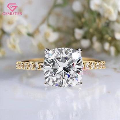 2.95 CT Cushion Cut Lab Grown Diamond Engagement Ring with Pave Band – Elegant Solitaire Bridal Jewelry