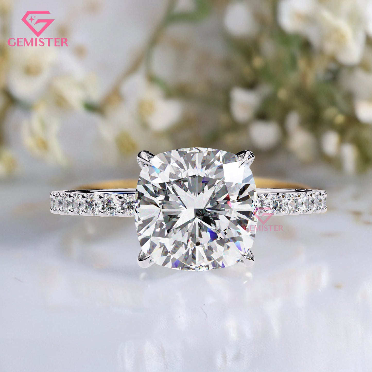 2.95 CT Cushion Cut Lab Grown Diamond Engagement Ring with Pave Band – Elegant Solitaire Bridal Jewelry