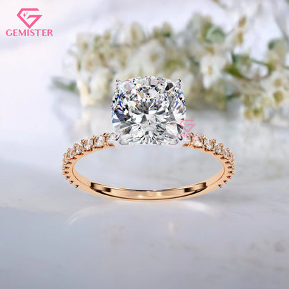 2.95 CT Cushion Cut Lab Grown Diamond Engagement Ring with Pave Band – Elegant Solitaire Bridal Jewelry