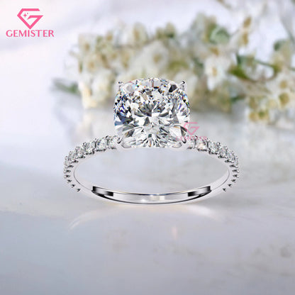 2.95 CT Cushion Cut Lab Grown Diamond Engagement Ring with Pave Band – Elegant Solitaire Bridal Jewelry