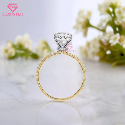 2.95 CT Cushion Cut Lab Grown Diamond Engagement Ring with Pave Band – Elegant Solitaire Bridal Jewelry