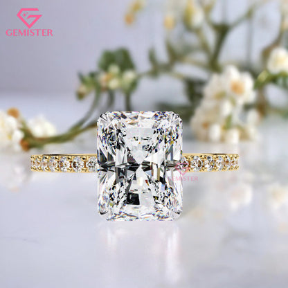 3.33 CT Radiant Cut Lab Grown Diamond Engagement Ring with Diamond Pave Gold Band – Elegant Solitaire Bridal Jewelry
