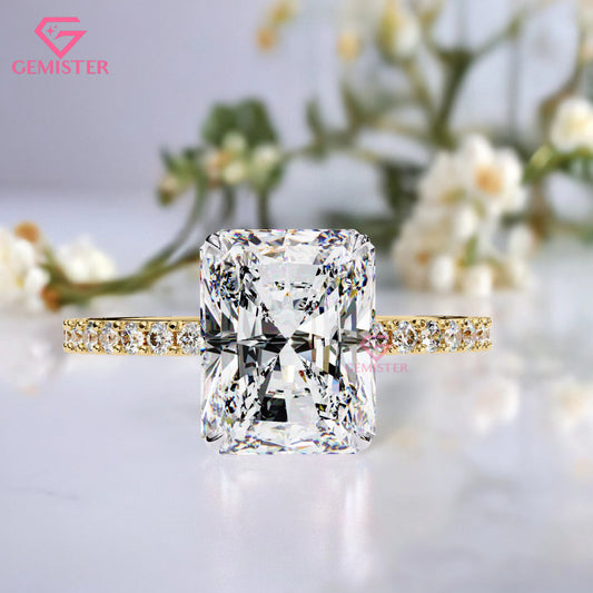 3.33 CT Radiant Cut Lab Grown Diamond Engagement Ring with Diamond Pave Gold Band – Elegant Solitaire Bridal Jewelry
