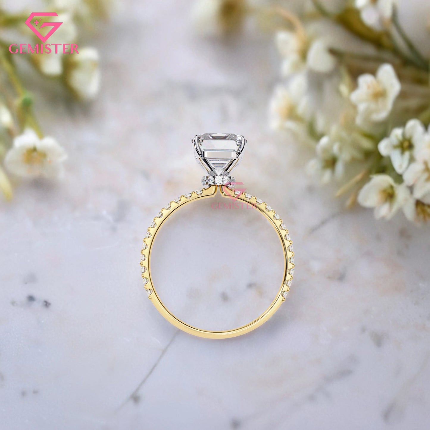 3.33 CT Radiant Cut Lab Grown Diamond Engagement Ring with Diamond Pave Gold Band – Elegant Solitaire Bridal Jewelry