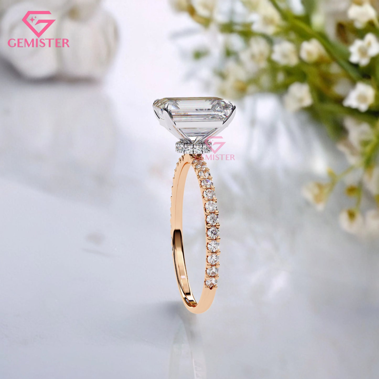 3.33 CT Radiant Cut Lab Grown Diamond Engagement Ring with Diamond Pave Gold Band – Elegant Solitaire Bridal Jewelry