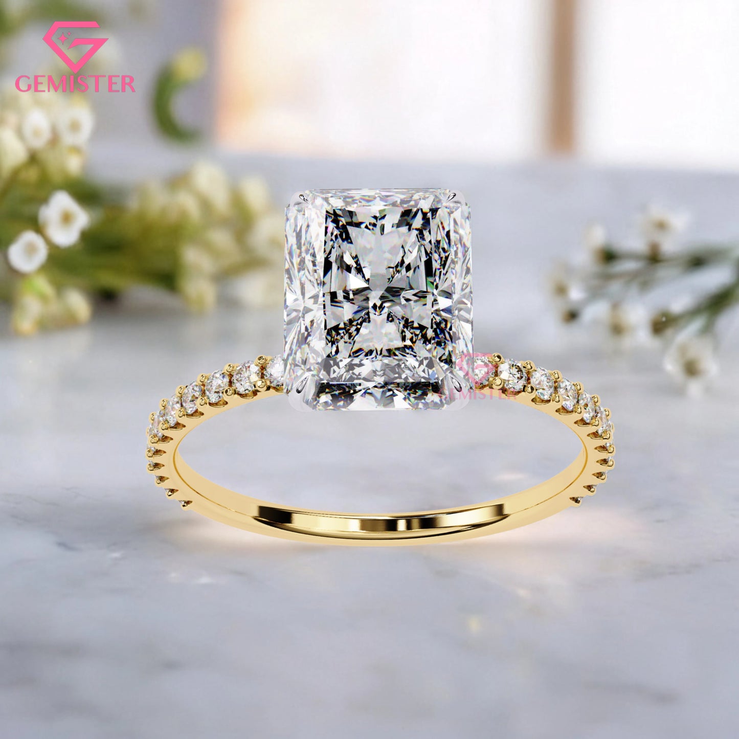 3.33 CT Radiant Cut Lab Grown Diamond Engagement Ring with Diamond Pave Gold Band – Elegant Solitaire Bridal Jewelry