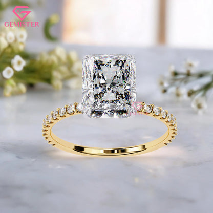 3.33 CT Radiant Cut Lab Grown Diamond Engagement Ring with Diamond Pave Gold Band – Elegant Solitaire Bridal Jewelry
