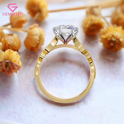 2.16 CT Round Cut Lab Grown Diamond Engagement Ring, Vintage Milgrain Diamond Band – Unique Bridal Jewelry