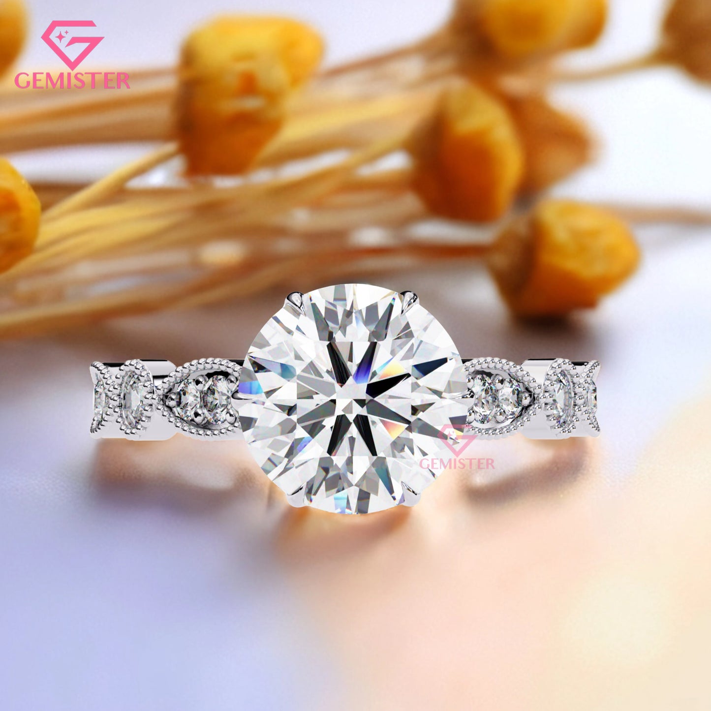 2.16 CT Round Cut Lab Grown Diamond Engagement Ring, Vintage Milgrain Diamond Band – Unique Bridal Jewelry