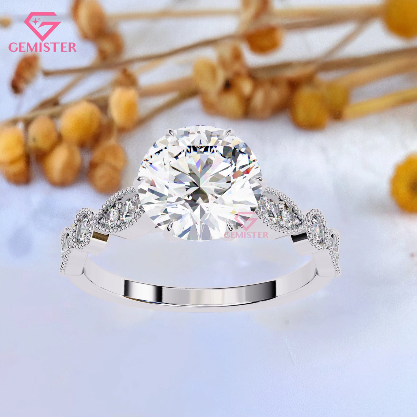 2.16 CT Round Cut Lab Grown Diamond Engagement Ring, Vintage Milgrain Diamond Band – Unique Bridal Jewelry