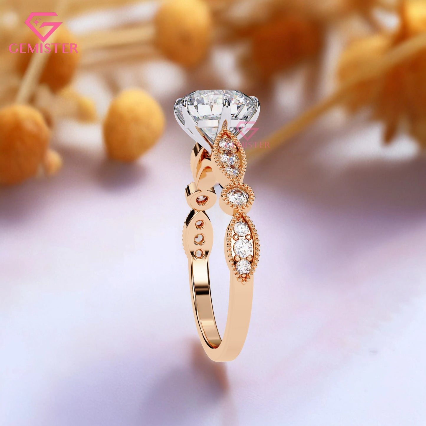 2.16 CT Round Cut Lab Grown Diamond Engagement Ring, Vintage Milgrain Diamond Band – Unique Bridal Jewelry