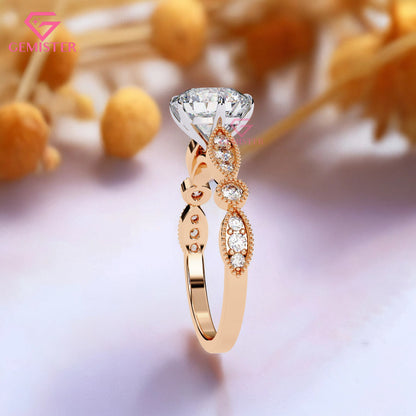 2.16 CT Round Cut Lab Grown Diamond Engagement Ring, Vintage Milgrain Diamond Band – Unique Bridal Jewelry