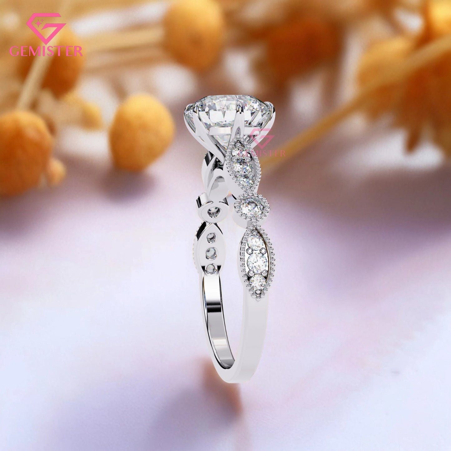 2.16 CT Round Cut Lab Grown Diamond Engagement Ring, Vintage Milgrain Diamond Band – Unique Bridal Jewelry