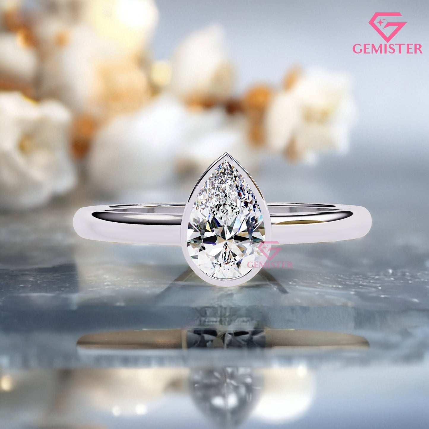 0.58ct Pear Cut Moissanite Solitaire Bezel Set Ring – Minimalist Engagement Ring