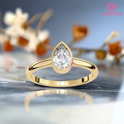 0.58ct Pear Cut Moissanite Solitaire Bezel Set Ring – Minimalist Engagement Ring