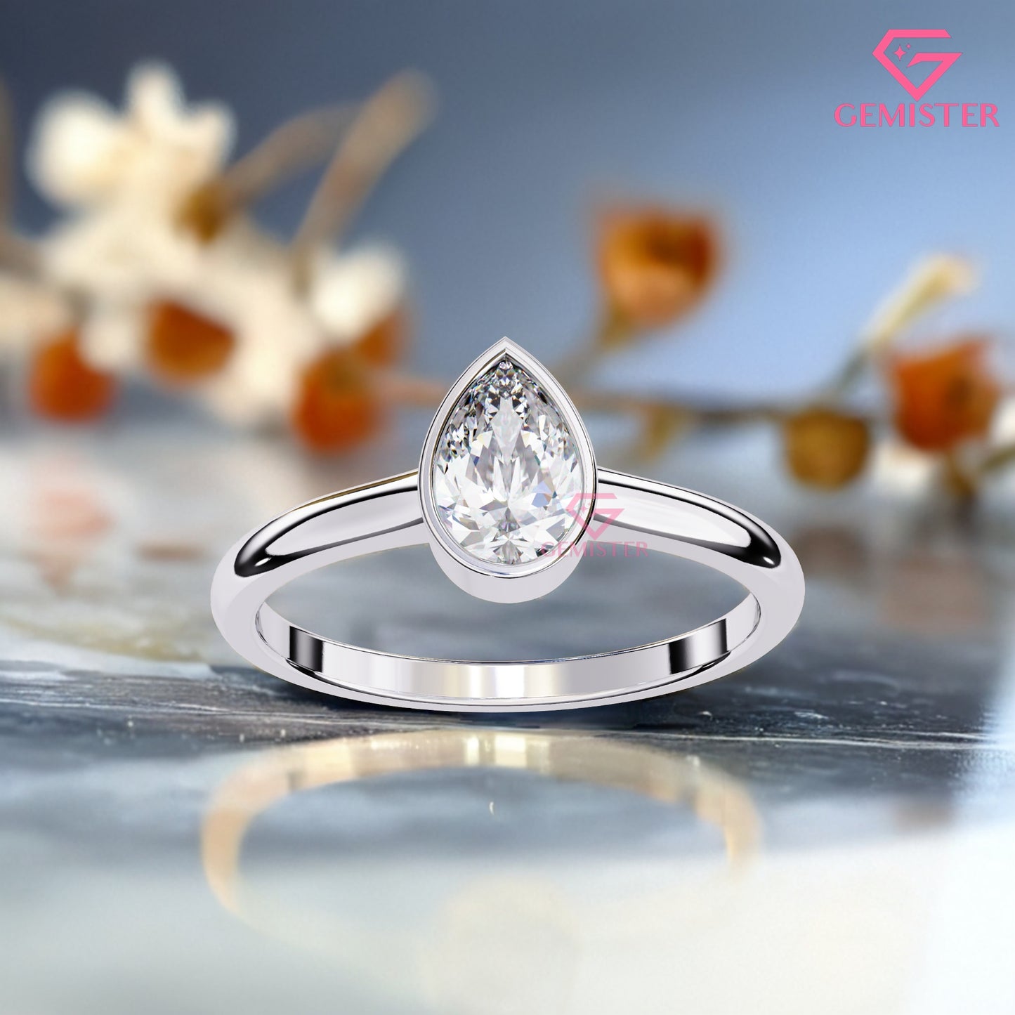 0.58ct Pear Cut Moissanite Solitaire Bezel Set Ring – Minimalist Engagement Ring