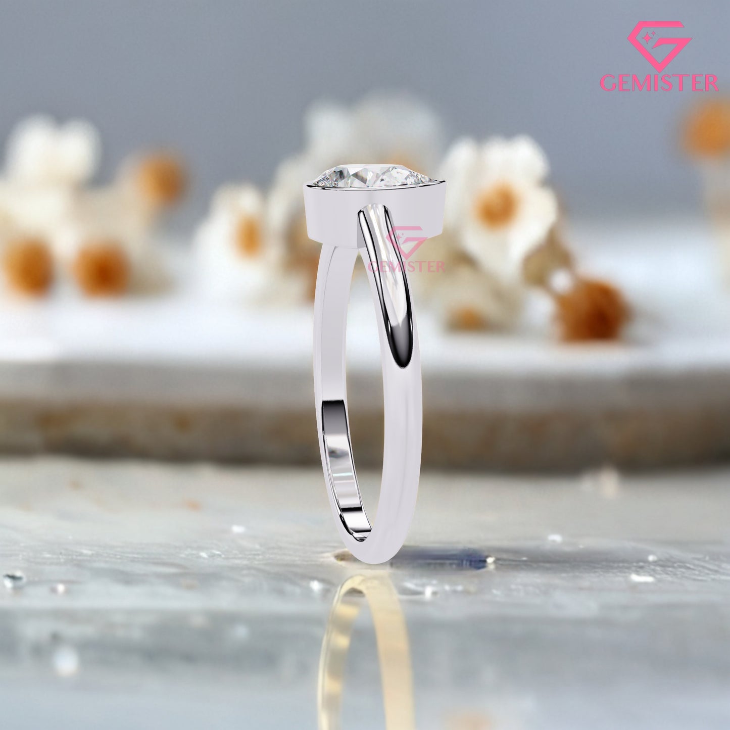 0.58ct Pear Cut Moissanite Solitaire Bezel Set Ring – Minimalist Engagement Ring