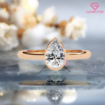 0.58ct Pear Cut Moissanite Solitaire Bezel Set Ring – Minimalist Engagement Ring
