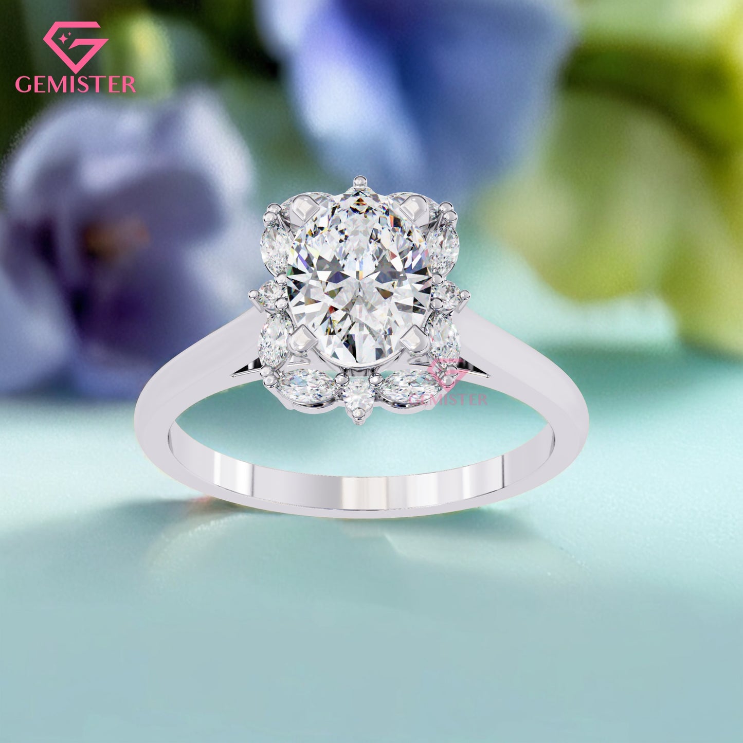 1.29 CT Oval Cut Lab Grown Diamond Cluster Engagement Ring with Marquise and Round Accent Diamonds – Floral Inspired Gold Bridal Jewelry