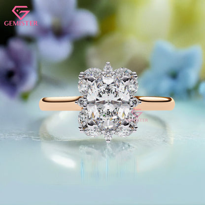 1.29 CT Oval Cut Lab Grown Diamond Cluster Engagement Ring with Marquise and Round Accent Diamonds – Floral Inspired Gold Bridal Jewelry