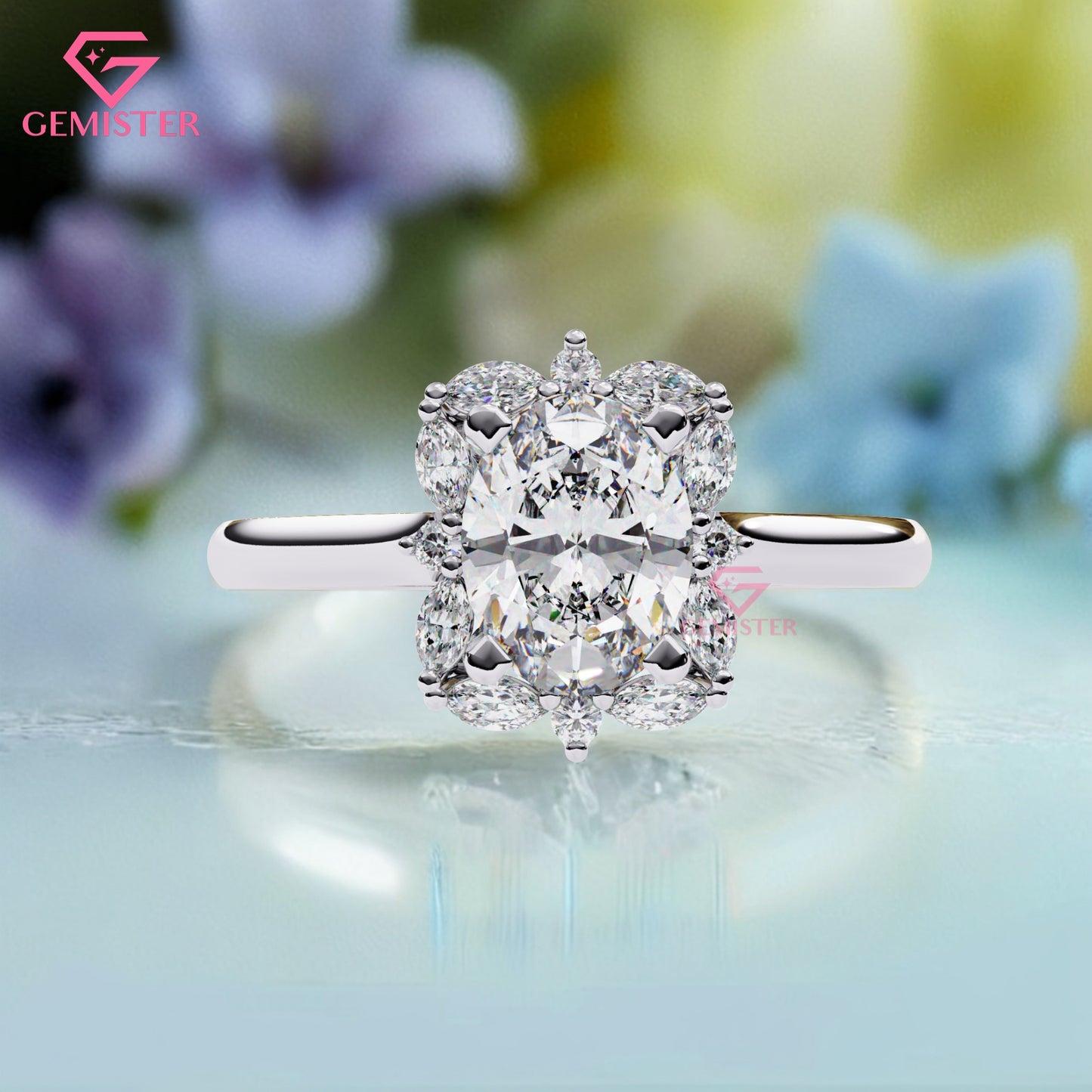 1.29 CT Oval Cut Lab Grown Diamond Cluster Engagement Ring with Marquise and Round Accent Diamonds – Floral Inspired Gold Bridal Jewelry