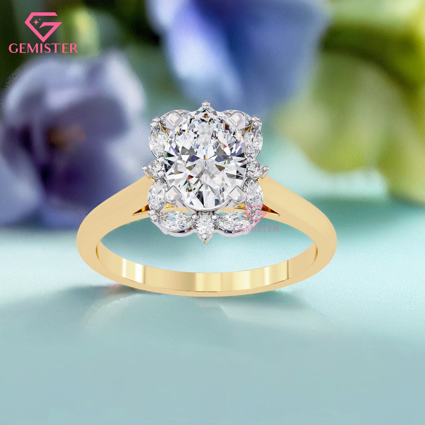 1.29 CT Oval Cut Lab Grown Diamond Cluster Engagement Ring with Marquise and Round Accent Diamonds – Floral Inspired Gold Bridal Jewelry