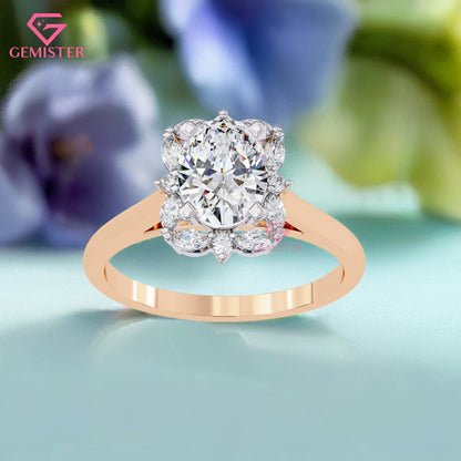 1.29 CT Oval Cut Lab Grown Diamond Cluster Engagement Ring with Marquise and Round Accent Diamonds – Floral Inspired Gold Bridal Jewelry