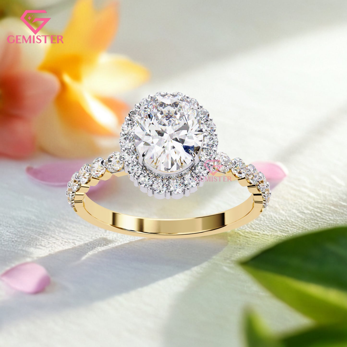 1.66 CT Round Cut Moissanite Halo Engagement Ring with Diamond Accents on Gold Band – Luxury Bridal Jewelry