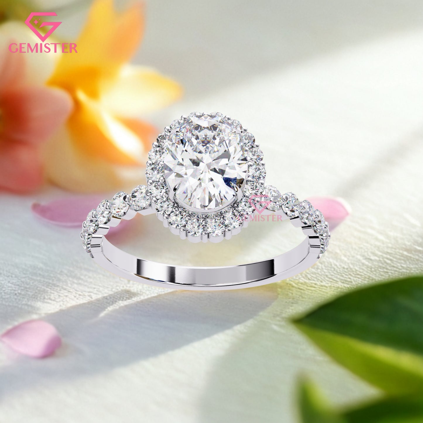 1.66 CT Round Cut Moissanite Halo Engagement Ring with Diamond Accents on Gold Band – Luxury Bridal Jewelry