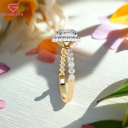 1.66 CT Round Cut Moissanite Halo Engagement Ring with Diamond Accents on Gold Band – Luxury Bridal Jewelry