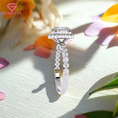 1.66 CT Round Cut Moissanite Halo Engagement Ring with Diamond Accents on Gold Band – Luxury Bridal Jewelry