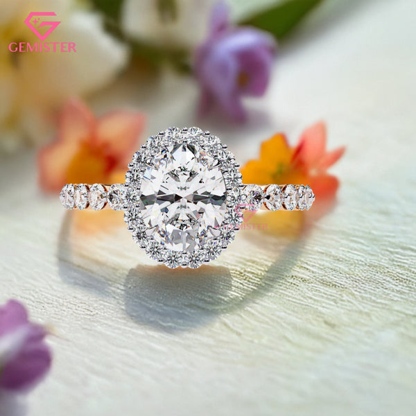 1.66 CT Round Cut Lab Grown Diamond Halo Engagement Ring with Diamond Accents on Gold Band – Luxury Bridal Jewelry