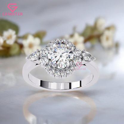1.54ct Oval Moissanite Halo Engagement Ring with Pear Side Stones