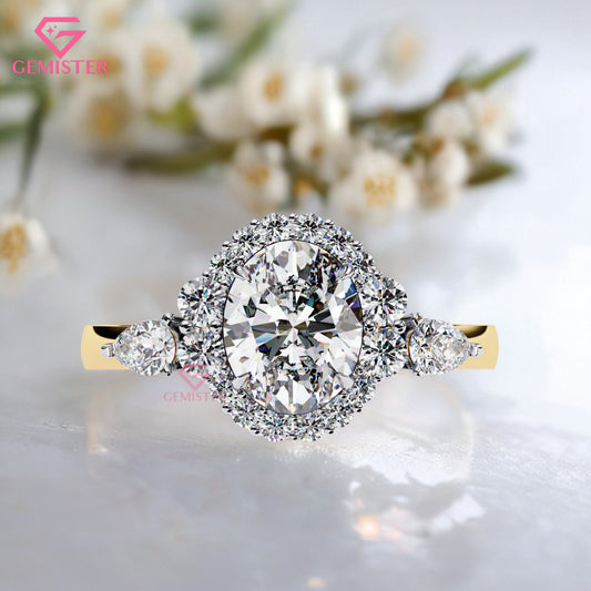 1.54ct Oval Moissanite Halo Engagement Ring with Pear Side Stones