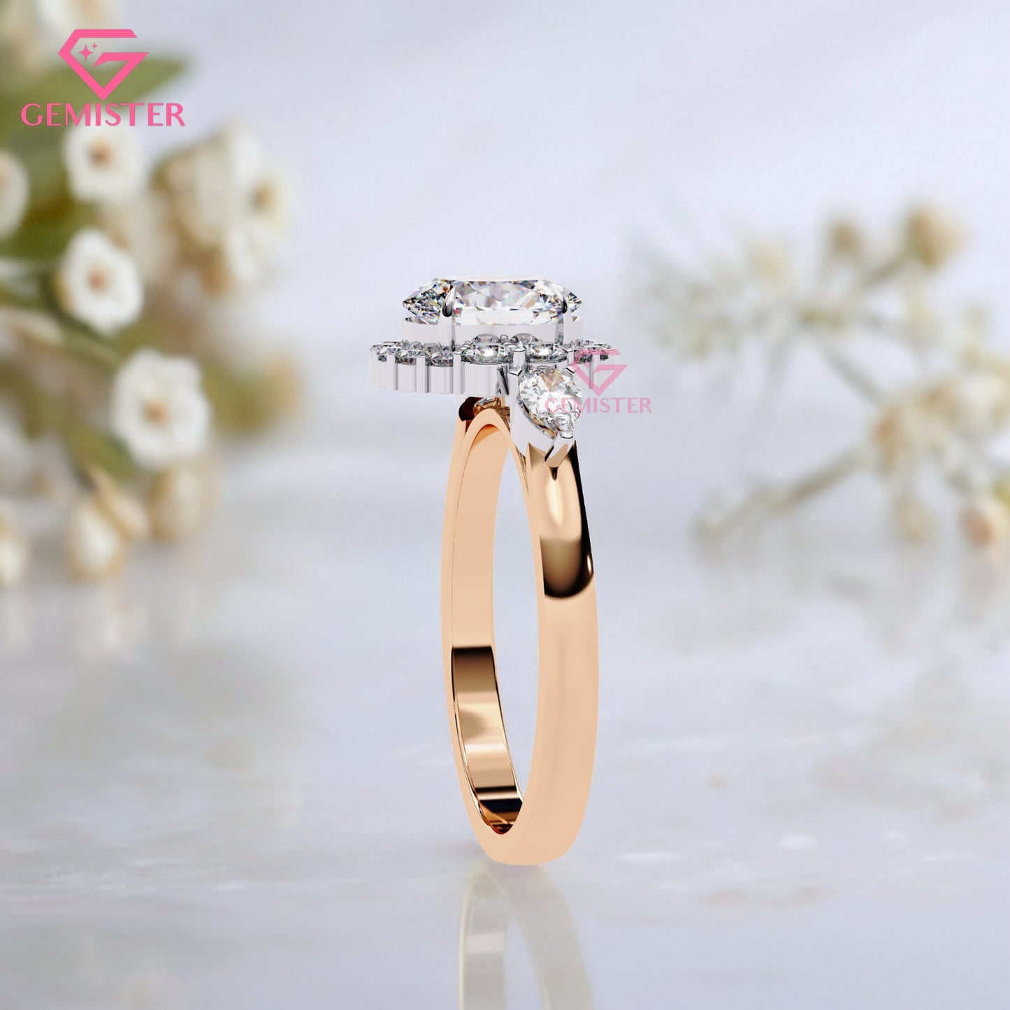 1.54ct Oval Moissanite Halo Engagement Ring with Pear Side Stones