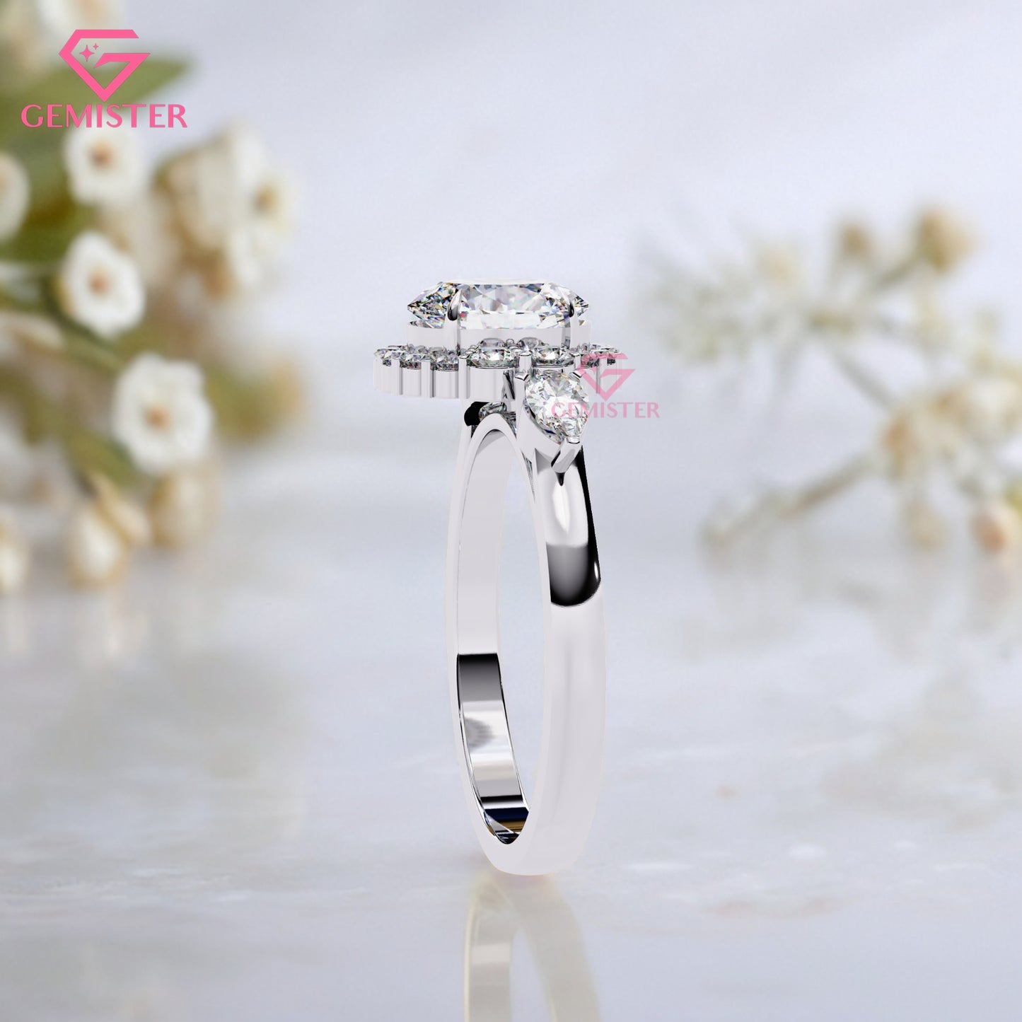 1.54ct Oval Moissanite Halo Engagement Ring with Pear Side Stones