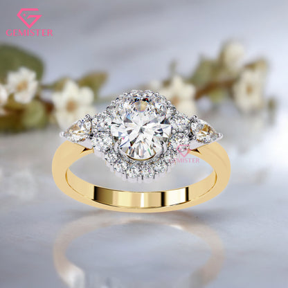 1.54ct Oval Moissanite Halo Engagement Ring with Pear Side Stones