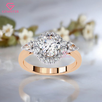 1.54ct Oval Moissanite Halo Engagement Ring with Pear Side Stones