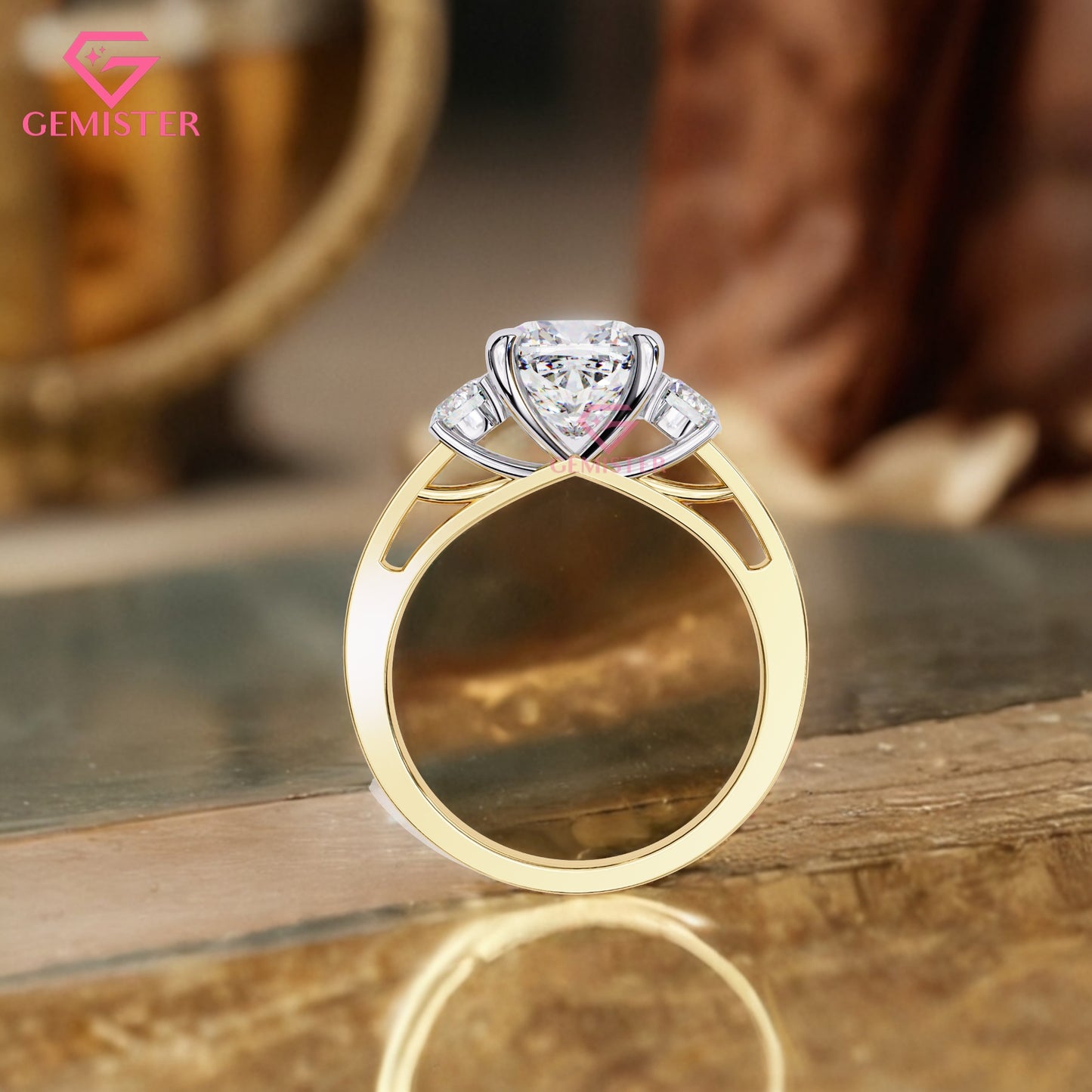 3.31 CT Cushion Cut Three Stone Lab Grown Diamond Engagement Ring with Side Accents Band – Classic Bridal Jewelry