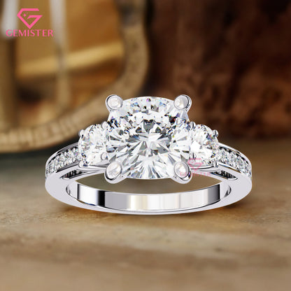 3.31 CT Cushion Cut Three Stone Lab Grown Diamond Engagement Ring with Side Accents Band – Classic Bridal Jewelry