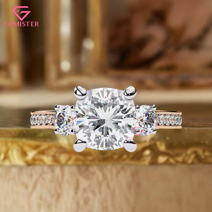 3.31 CT Cushion Cut Three Stone Lab Grown Diamond Engagement Ring with Side Accents Band – Classic Bridal Jewelry
