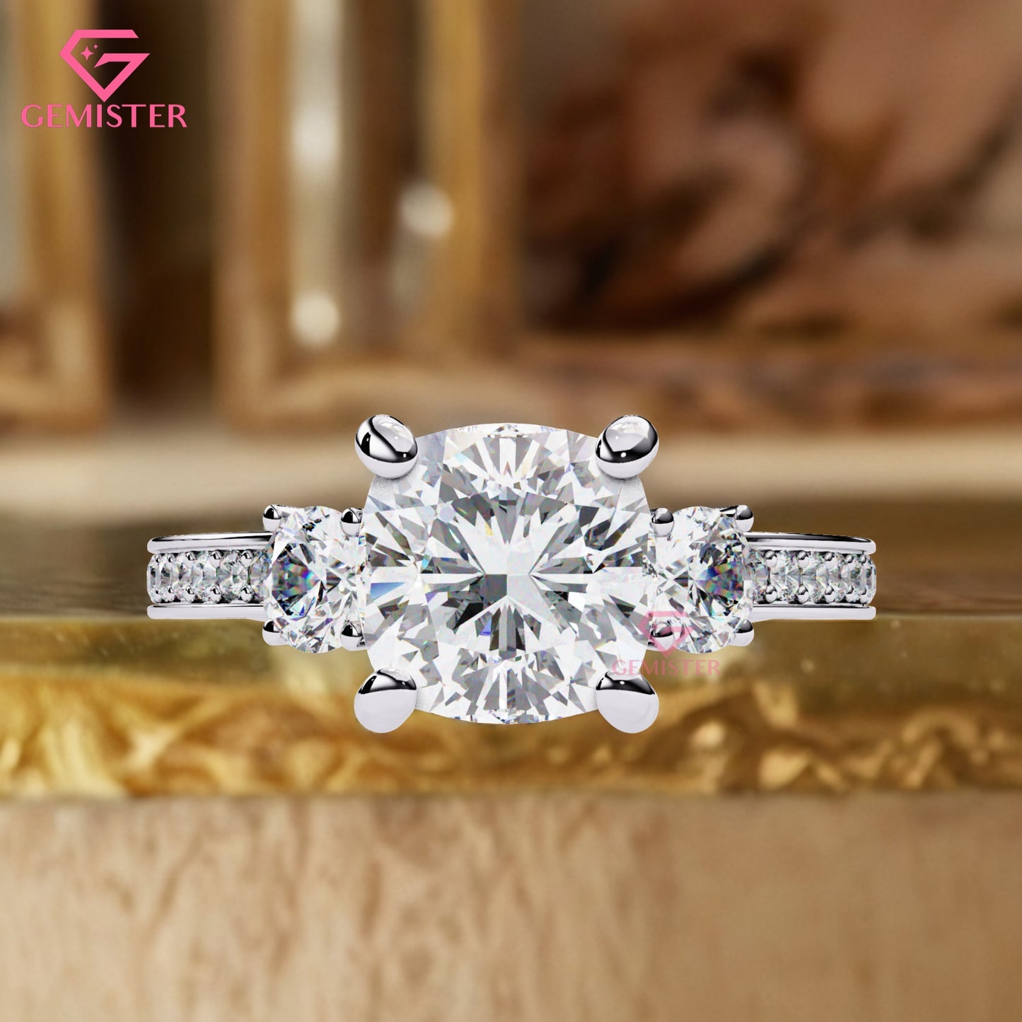 3.31 CT Cushion Cut Three Stone Lab Grown Diamond Engagement Ring with Side Accents Band – Classic Bridal Jewelry